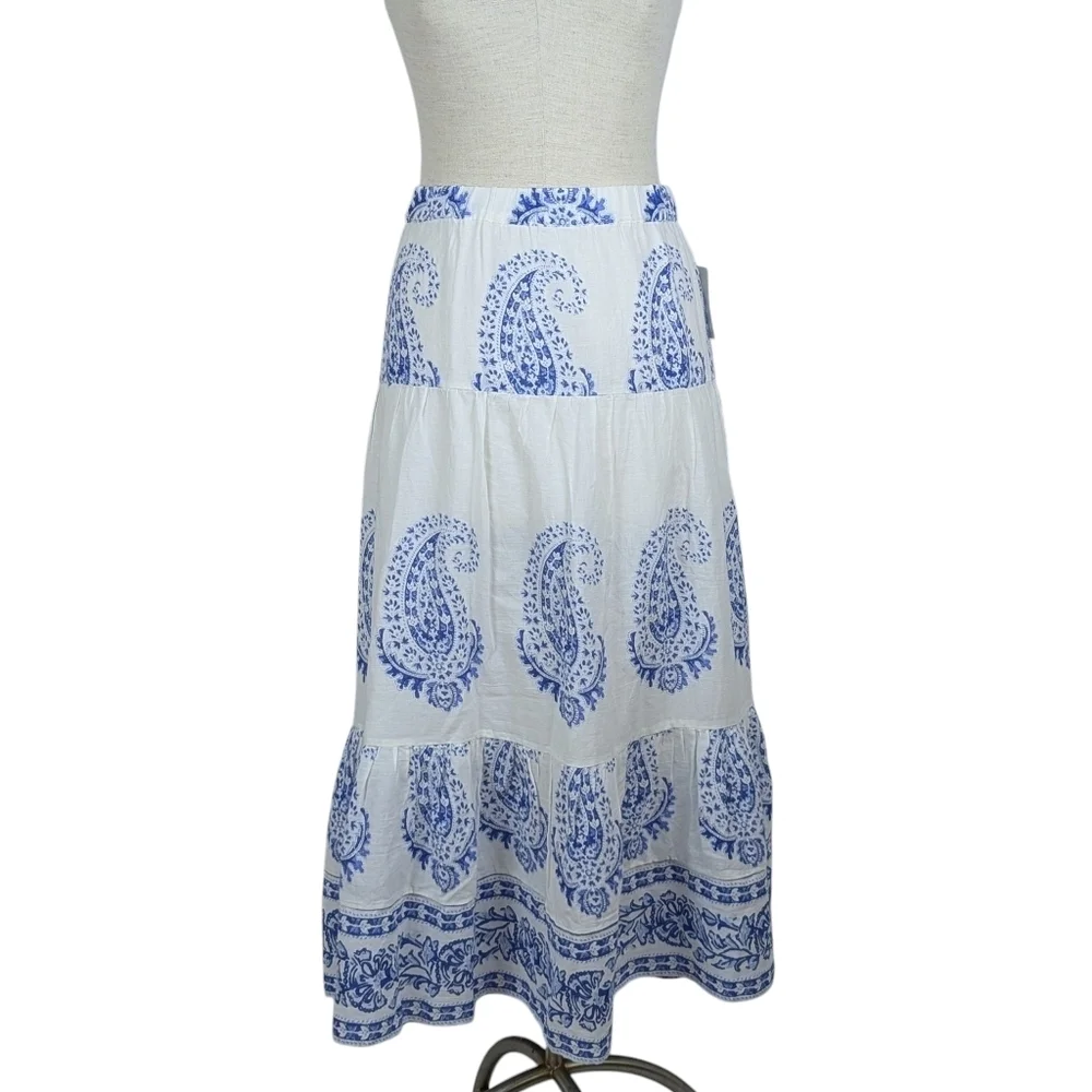 Lucky Brand Sleeveless Top Midi Skirt Set Cotton Paisley Print White Blue XL NWT